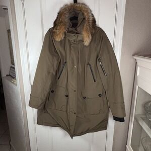 Pendleton Parka Jacket XL Taupe Hood Real Fur Trim EUC High Neck Zip Snap Button